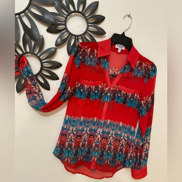Express~The Portofino Shirt~Semi-Sheer-Slim-Fit~Butterfly Print~Blouse~Size XS - Picture 3 of 14